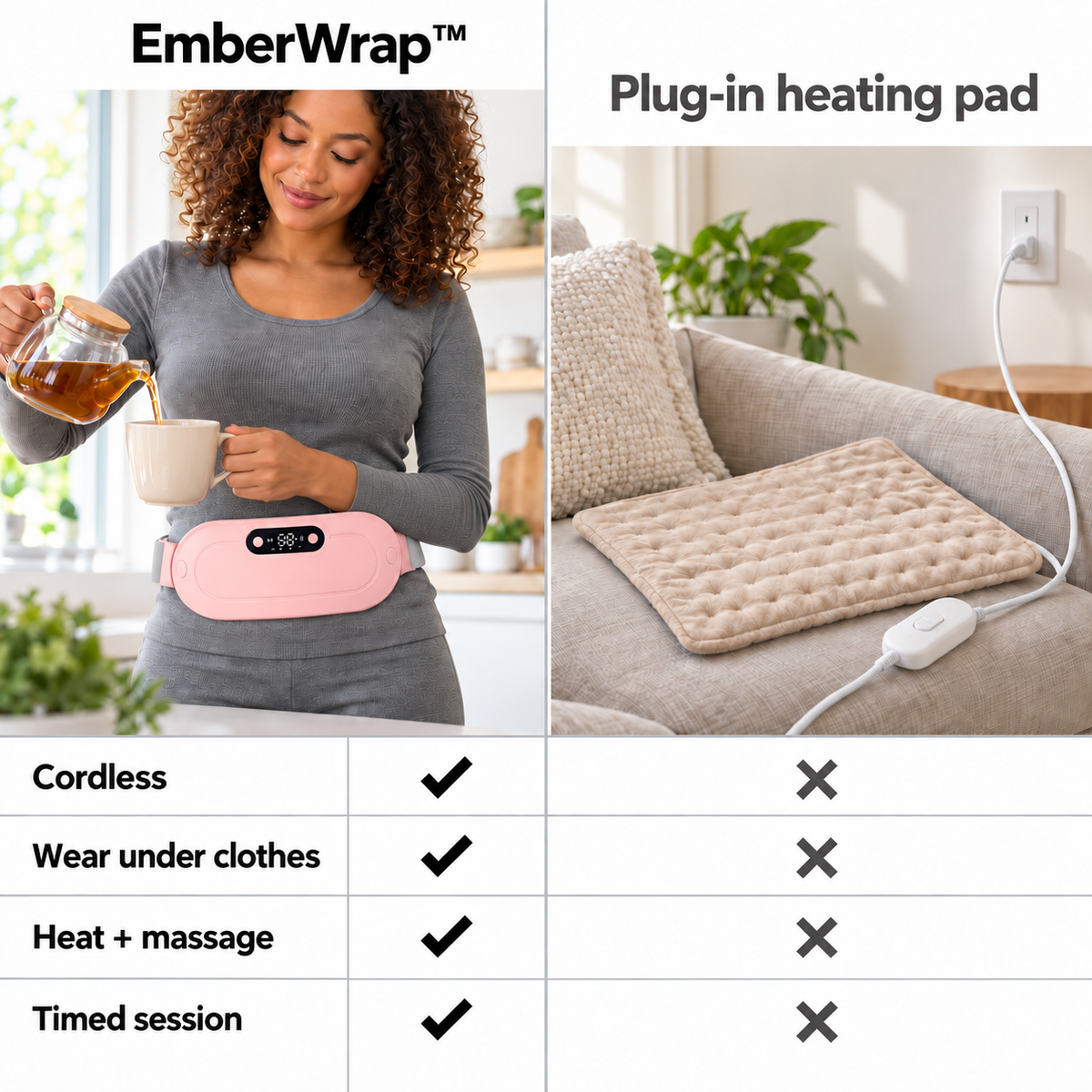 EmberWrap™ pink cordless heating belt vs plug-in heating pad