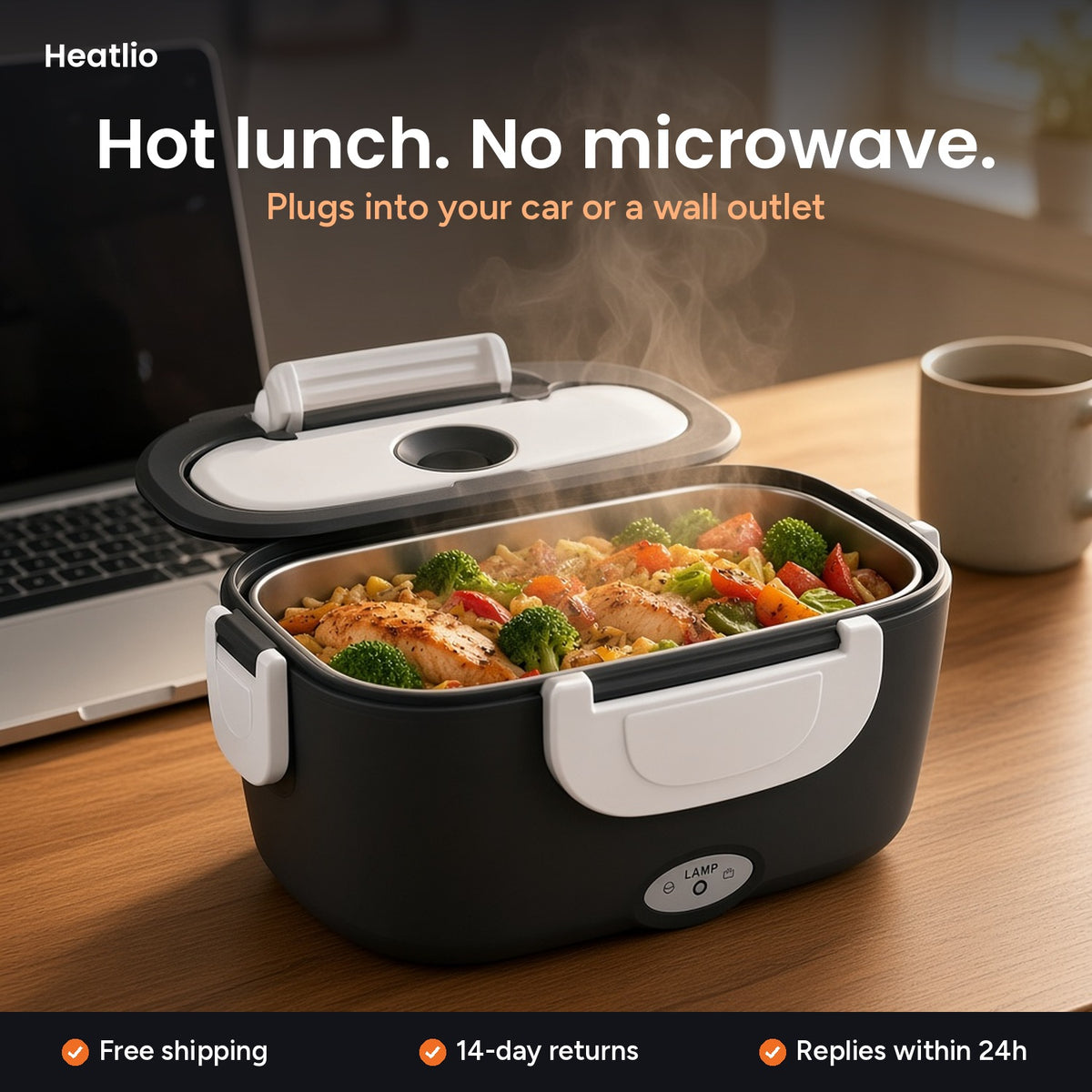 Heatlio heated lunch box open on an office desk with hot food — hot lunch, no microwave