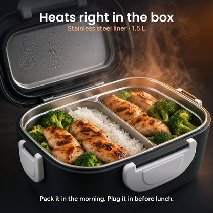 Steel liner with hot rice, chicken and broccoli — heats right in the box