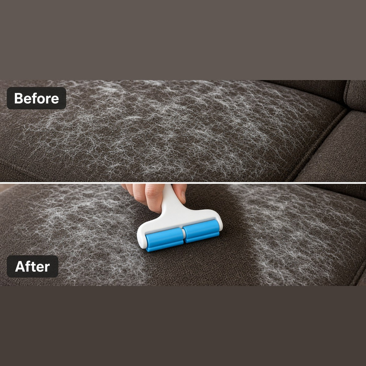 Before: couch covered in pet hair. After: PetFur Pro™ rolling it off