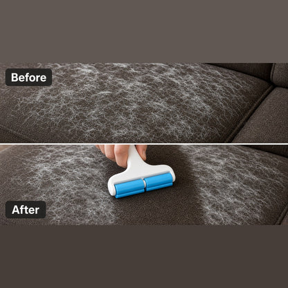 Before: couch covered in pet hair. After: PetFur Pro™ rolling it off