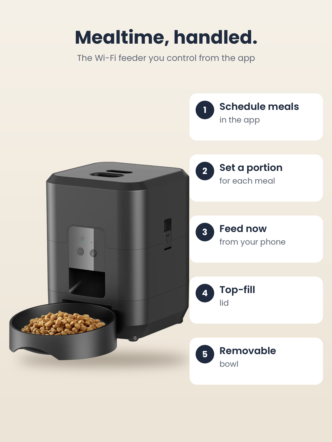 PawPort™ Wi-Fi Feeder in Midnight Black: schedule meals in the app, set portions, feed now from your phone, top-fill lid, removable bowl