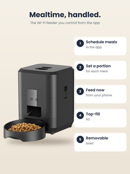 PawPort™ Wi-Fi Feeder in Midnight Black: schedule meals in the app, set portions, feed now from your phone, top-fill lid, removable bowl