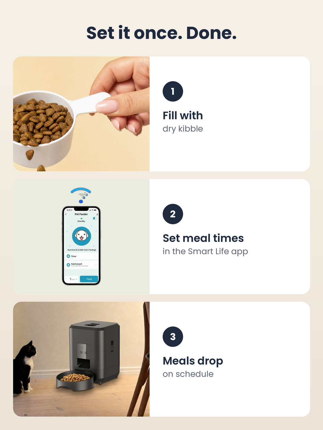 How PawPort™ works in Midnight Black: fill with kibble, set meal times in the Smart Life app, meals drop on schedule