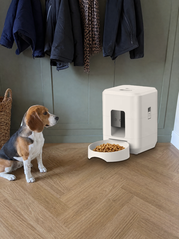 Pet beside a Cloud White PawPort™ Wi-Fi Feeder at home