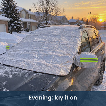DawnClear windshield cover: lay it on in the evening, pull it off in the morning and the snow comes off with it (animated product images)