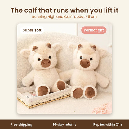Fluffy cream running highland calf plush, about 45 cm