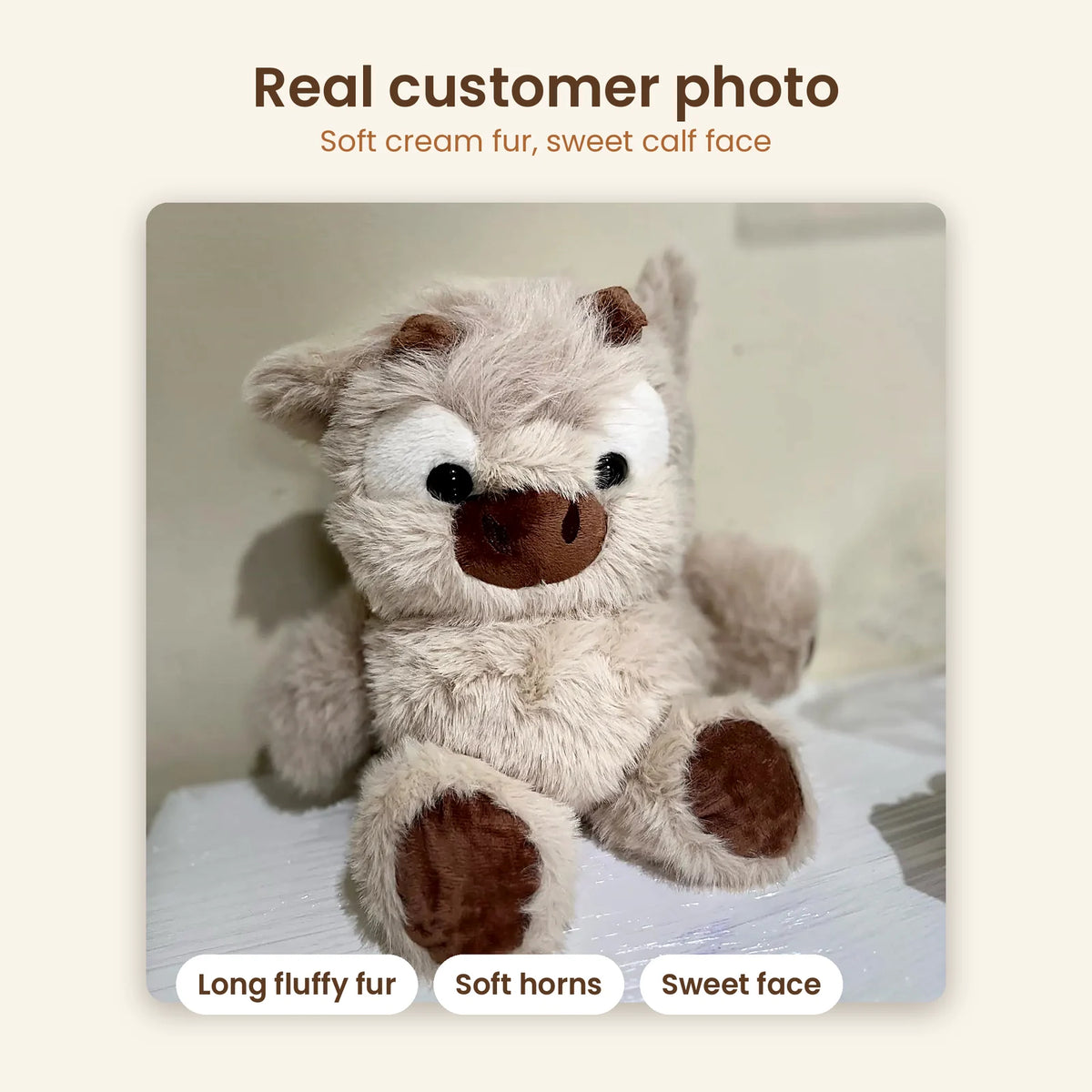 Customer photo: cream highland calf plush