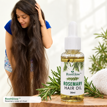 RootGlow rosemary scalp oil in use — lifestyle