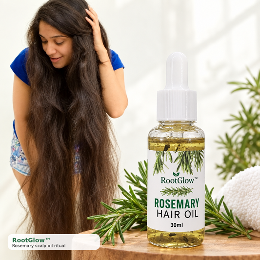 RootGlow rosemary scalp oil in use — lifestyle