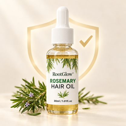 RootGlow rosemary hair oil, one 30 ml dropper bottle