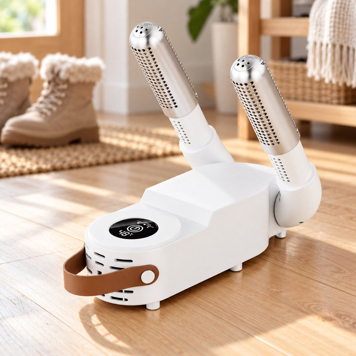SlushDry™ boot and shoe dryer in white with both arms raised, on a wooden floor by the door