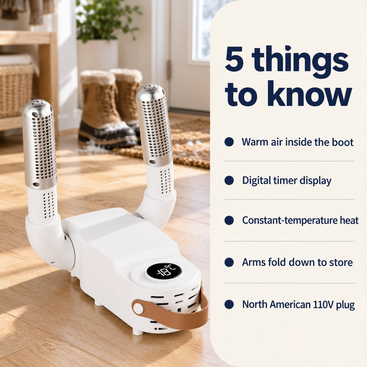 SlushDry™ boot dryer next to a list titled 5 things to know