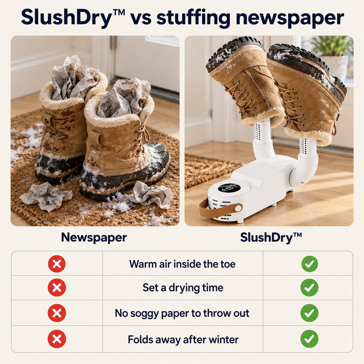 Boots stuffed with newspaper next to boots on the SlushDry™, with a comparison table