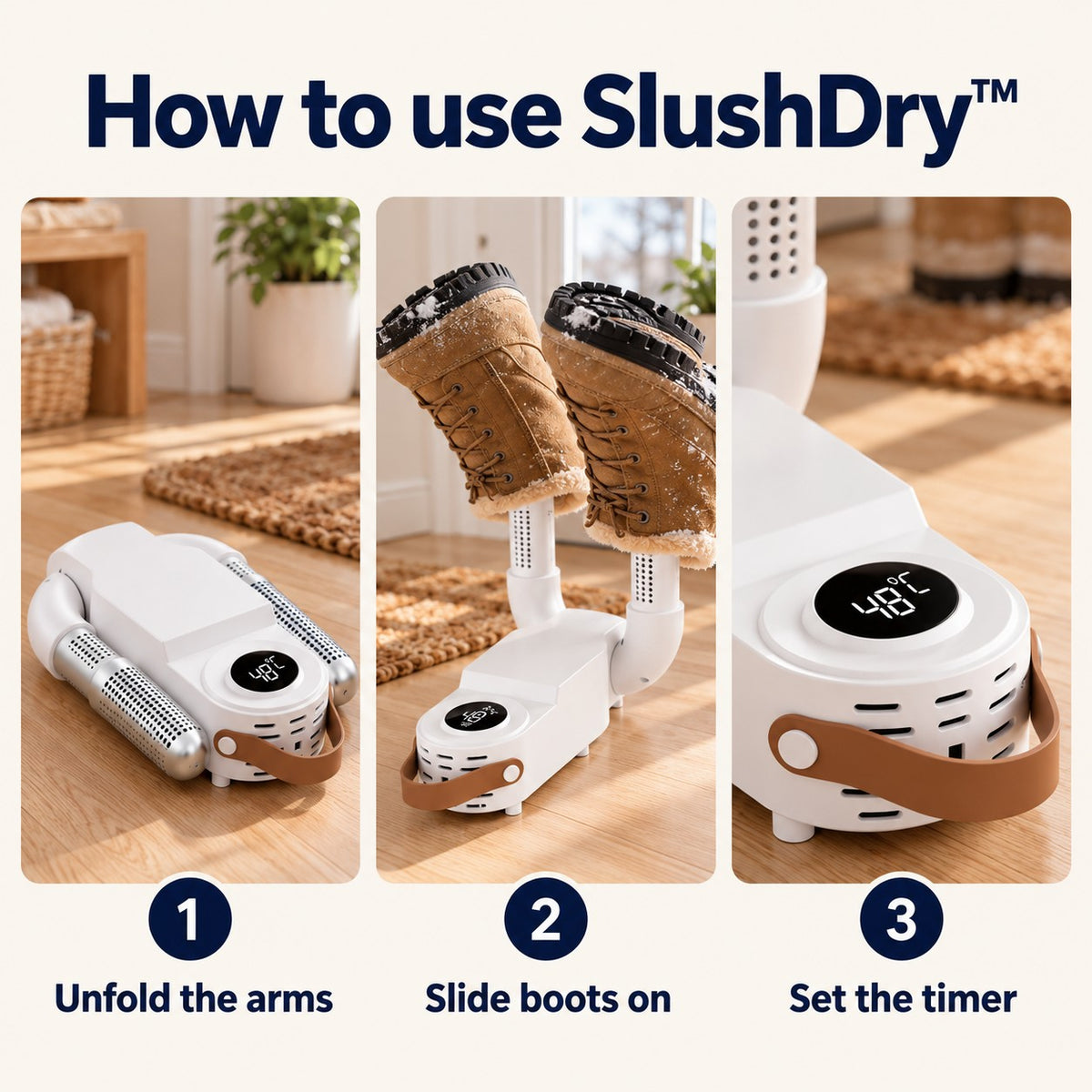 How to use SlushDry™ in three steps: unfold the arms, slide boots on, set the timer