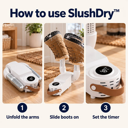 How to use SlushDry™ in three steps: unfold the arms, slide boots on, set the timer