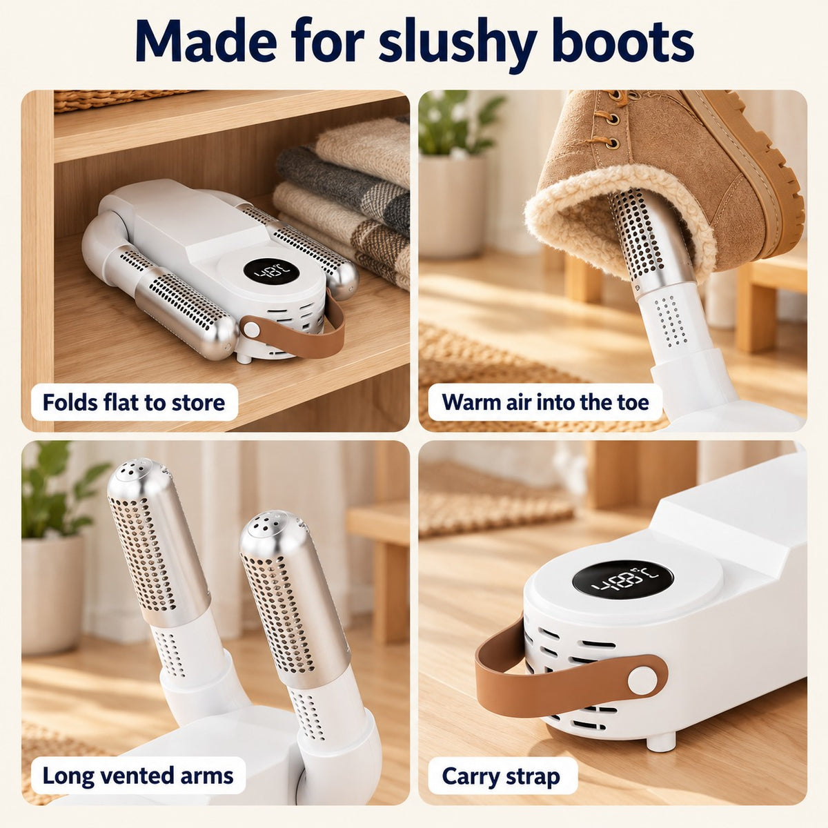 Four SlushDry™ close-ups: folded flat, warm air into the toe, long vented arms, carry strap