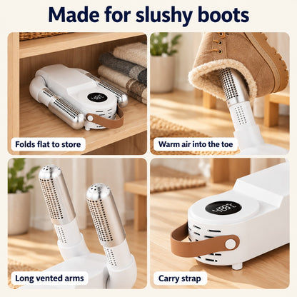 Four SlushDry™ close-ups: folded flat, warm air into the toe, long vented arms, carry strap