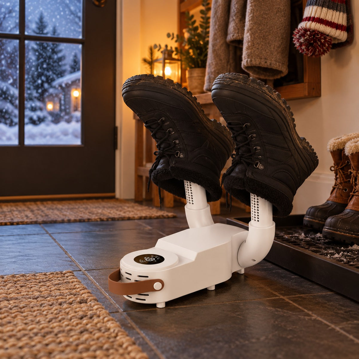 Black winter boots drying on the SlushDry™ boot dryer in a cozy entryway at night