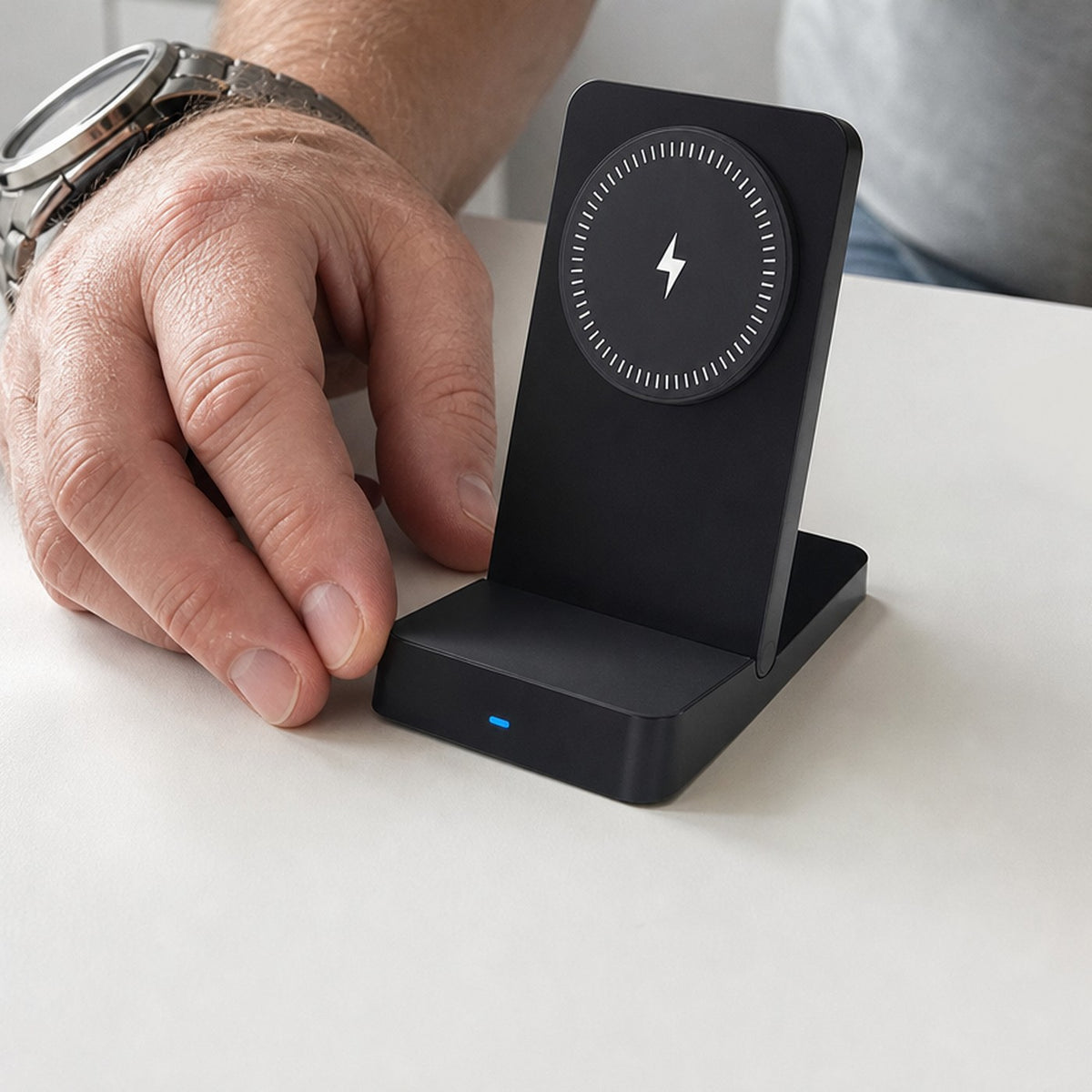 SnapFold™ magnetic wireless charging stand in black on a table