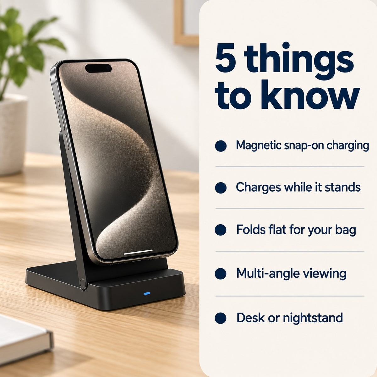 SnapFold™ charging stand holding a phone, next to a list titled 5 things to know