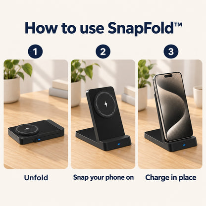 How to use SnapFold™ in three steps: unfold, snap your phone on, charge in place