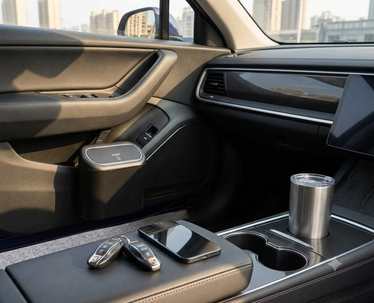 Close-up of a modern car interior showing the center console with a cup holder, a stainless steel tumbler, keys, and a smartphone resting on the armrest. The door pocket has a small round storage compartment, and the dashboard features a glossy black trim strip.