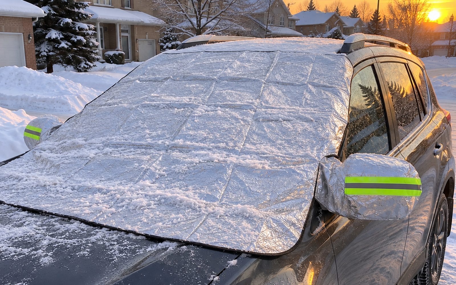 DawnClear™ silver windshield cover with edge magnets and mirror covers on a car