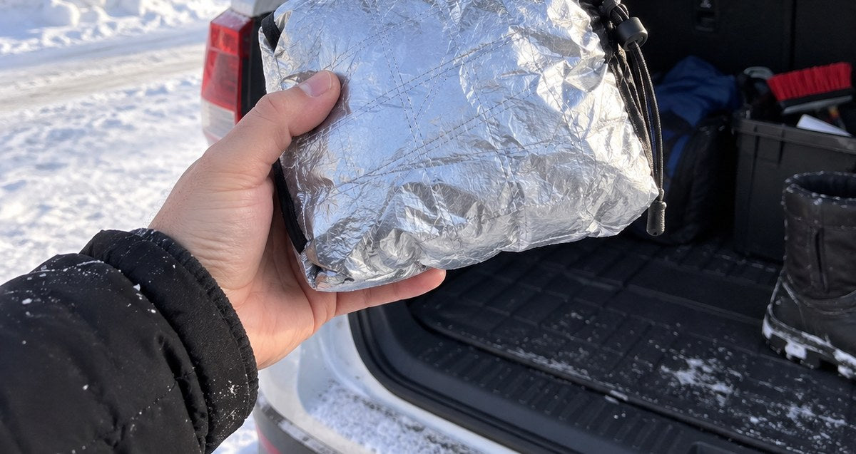 DawnClear cover folded in a car trunk next to its storage pouch